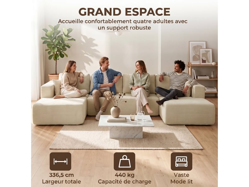 Canapé modulaire en u compressé 337 cm, canapé convertible 4 places en velours côtelé, crème, assise large - Conforama R