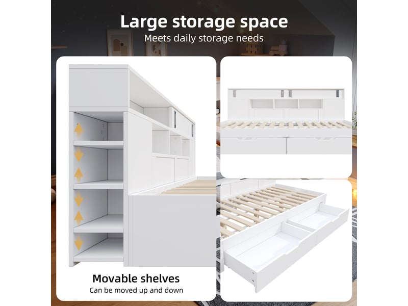Lit banquette enfant multifonctionnel 90x190 cm avec 2 tiroirs, armoire à portes coulissantes, étagères réglables, sommier à lattes, mdf, blanc - Conforama E