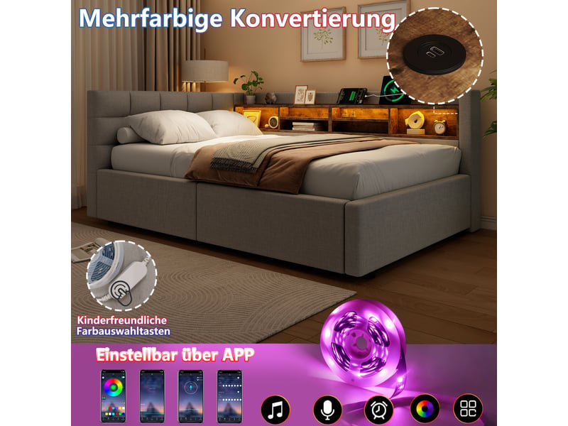  Lit banquette 90x200cm gris, relevage hydraulique, led réglable, étagère pratique, port usb, sans matelas  - Conforama D