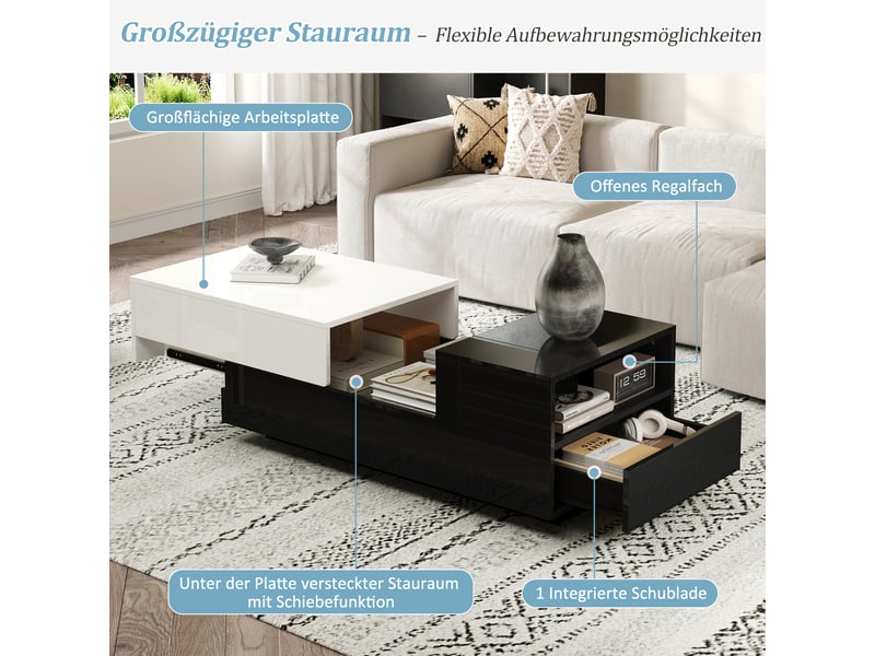  Table basse moderne 100x50x38 cm, haut brillant, tiroir et plateau coulissant, design géométrique noir et blanc  - Conforama E