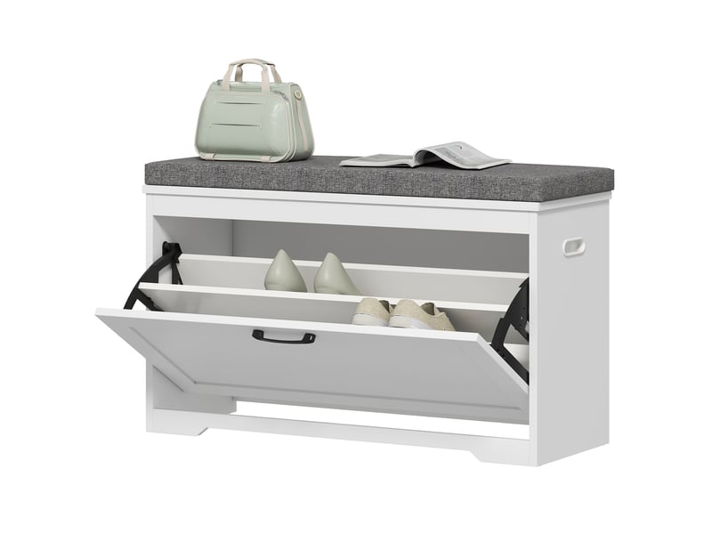  Banc à chaussures, banc d'entrée moderne avec siège rembourré, tiroir basculant et étagère ajustable, 80x30x50cm, blanc  - Conforama B