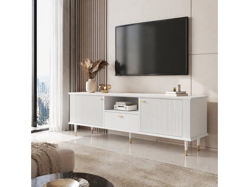  Meuble tv 2 portes avec tiroir, niche et passe-câbles - lpospi - fermeture douce, mdf laqué blanc 170 × 36 × 54 cm  - Conforama C