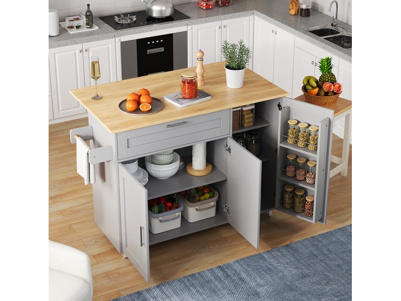  Desserte mobile cuisine 132,5x44(70)x90 cm, plan extensible 120x44-120x70, rangement modulable, panneau mdf, gris  - Conforama W