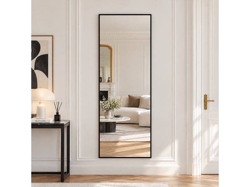 Miroir rectangulaire sur pied 165 cm, pour chambre, dressing, salon, style scandinave, verre trempé, grand miroir avec cadre en métal, noir - Conforama C