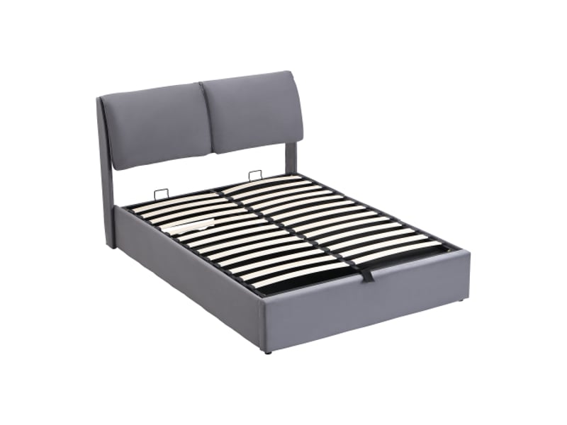  Lit capitonné 140x200 cm, vérin hydraulique, 3 tiroirscoffre, sommier à lattes, tête de lit velours gris – sans matelas  - Conforama A