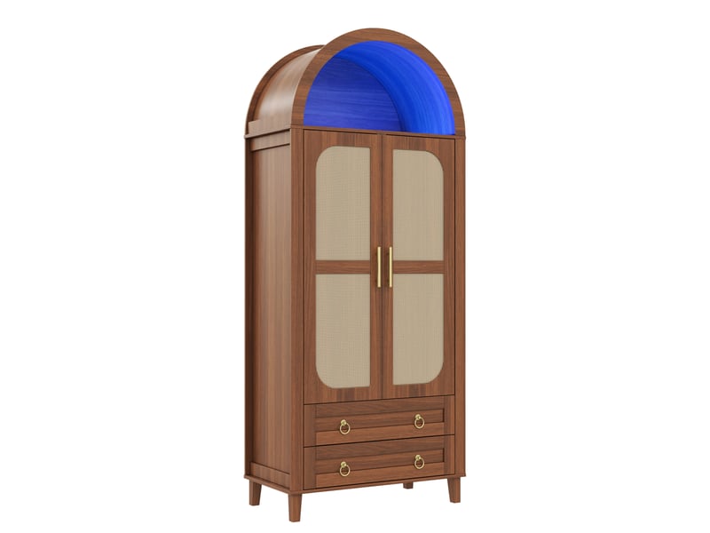 Armoire 2 portes, niche arrondie avec led contrôlée par application, penderie, 2 tiroirs, décor cannage, noyer - Conforama A
