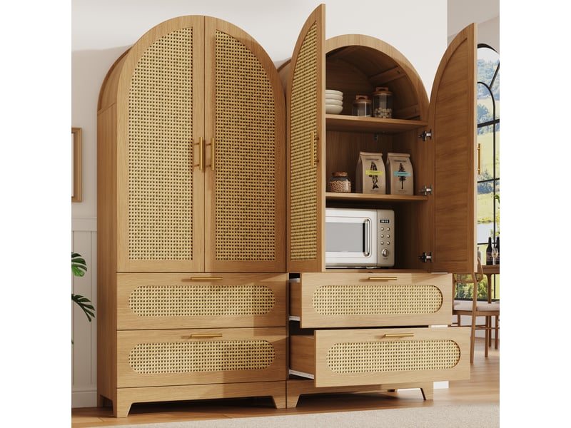 Lot de 2 buffets hauts effet rotin, meubles de rangement 4 portes et 4 tiroirs, décor bois naturel, 160 x 40 x 175 cm Fay Lum - Conforama B