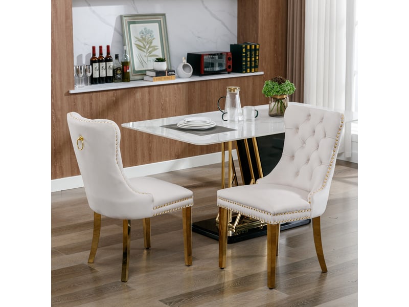  Lot de 2 chaises de salle à manger en velours beige pieds dorés capitonnées clous tapissier  - Conforama C