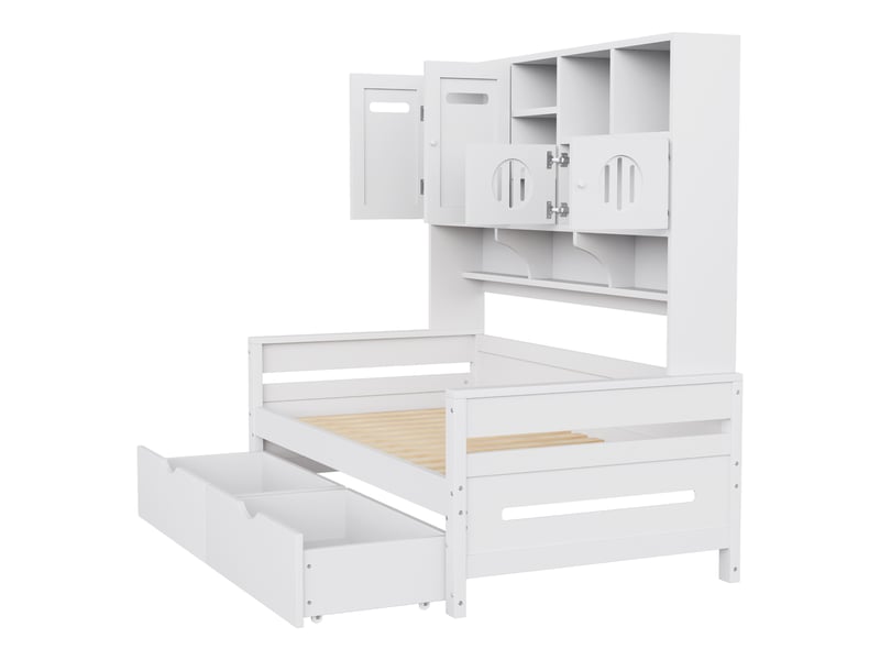 Lit coffre 90x200 cm avec rangements, 2 tiroirs, pin blanc, sans matelas - Conforama D