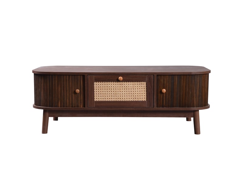 Table basse - table basse en rotin, tiroirs en rotin et portes coulissantes à lattes de bois massif, pieds en bois massif, style champêtre naturel. - Conforama D