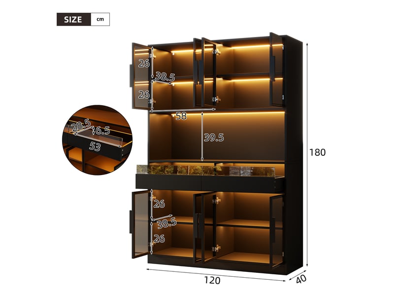  Vitrine 120x40x180 cm avec led, 8 portes vitrées et 2 tiroirs noir  - Conforama C
