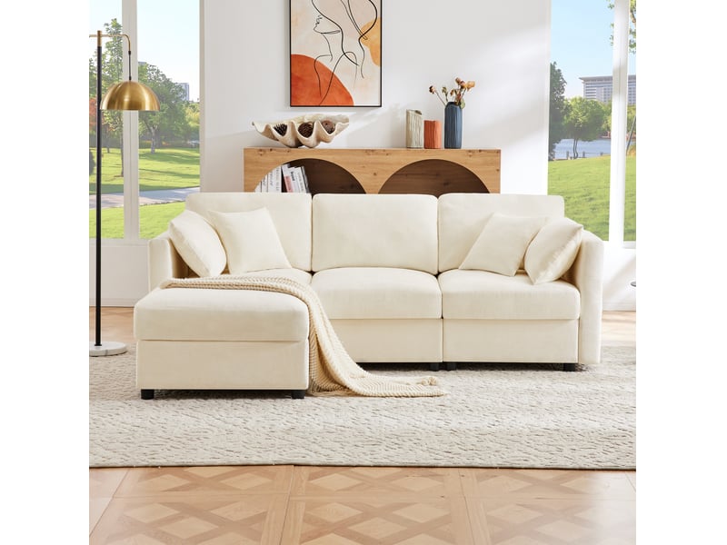  Canapé d'angle 218x156,5 cm avec pouf et accoudoirs réglables en chenille beige  - Conforama C
