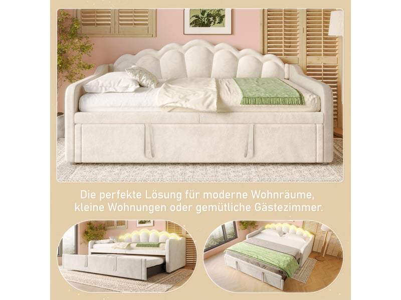  Lit de jour avec lit gigogne 90x200 à 180x200 cm, canapé lit en velours beige, bande led, tête de lit ondulée  - Conforama R