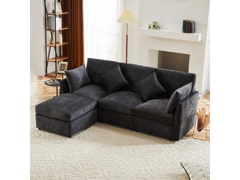 Canapé d'angle, canapé convertible, 3 places, en chenille, gris, avec pouf, pour salon, bureau, appartement - Conforama C