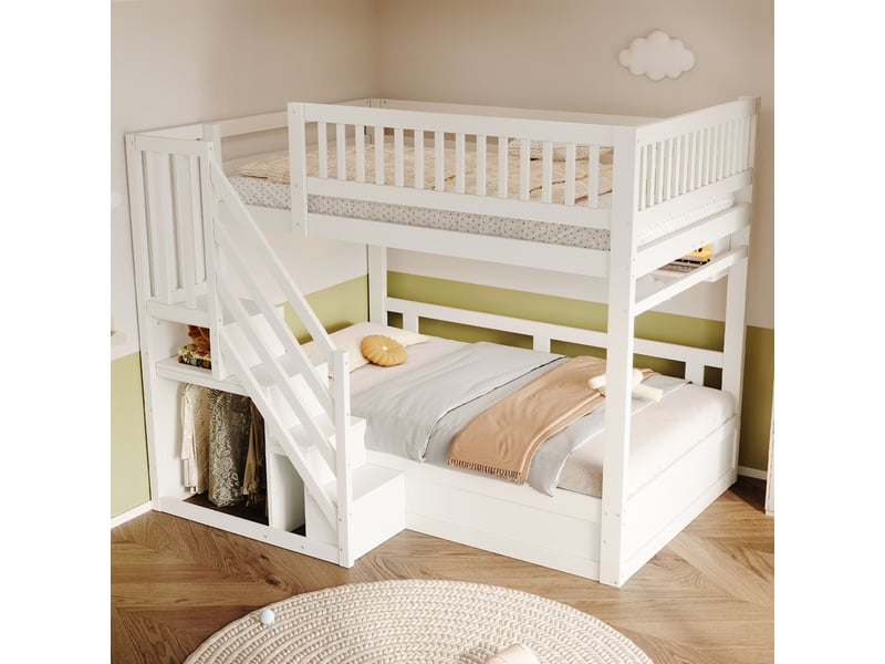  Lit superposé 250 × 200 cm – avec escalier de rangement – ​​avec étagères – avec éclairage led – avec prise électrique – blanc (matelas non inclus)  - Conforama R