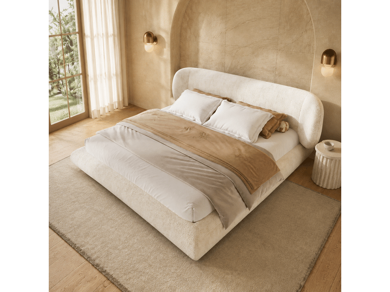  Lit double rembourré 160x200 cm avec sommier à lattes, lit adulte en chenille beige, sans matelas  - Conforama W