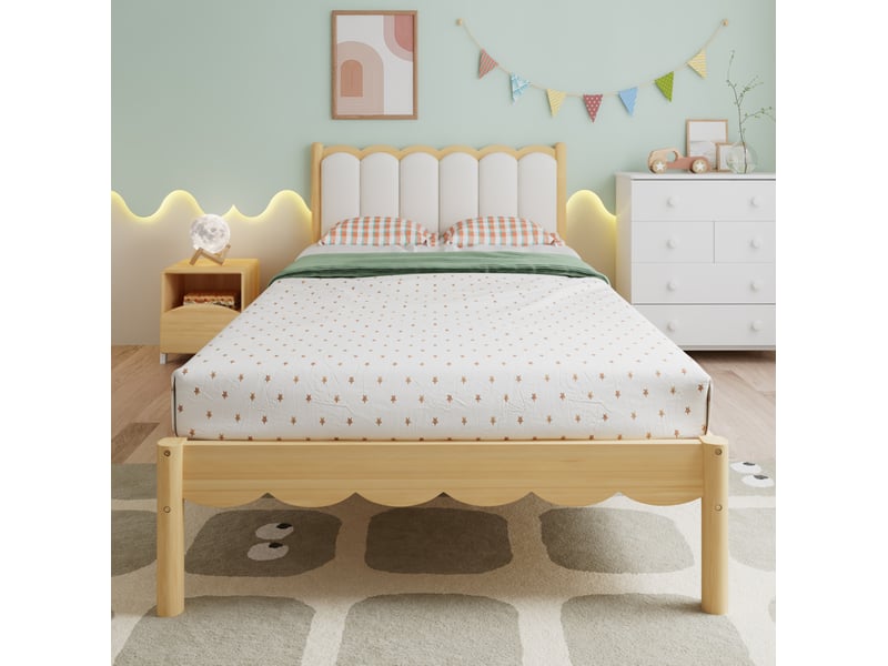  Lit enfant 90x200 cm avec tête de lit rembourrée en pu et sommier à lattes beige  - Conforama E