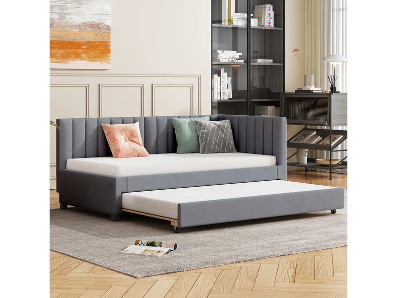  Canapé-lit 3 en 1 90*200 cm gris, lit capitonné convertible avec sommier à lattes, sans matelas pour petit espace  - Conforama D