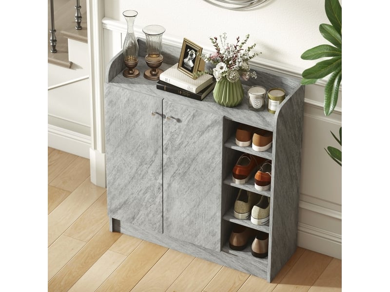  Meuble à chaussures 83 x 30 x 90 cm en panneaux de particules et mdf avec 2 portes et 4 compartiments ouverts gris chicfurn  - Conforama C