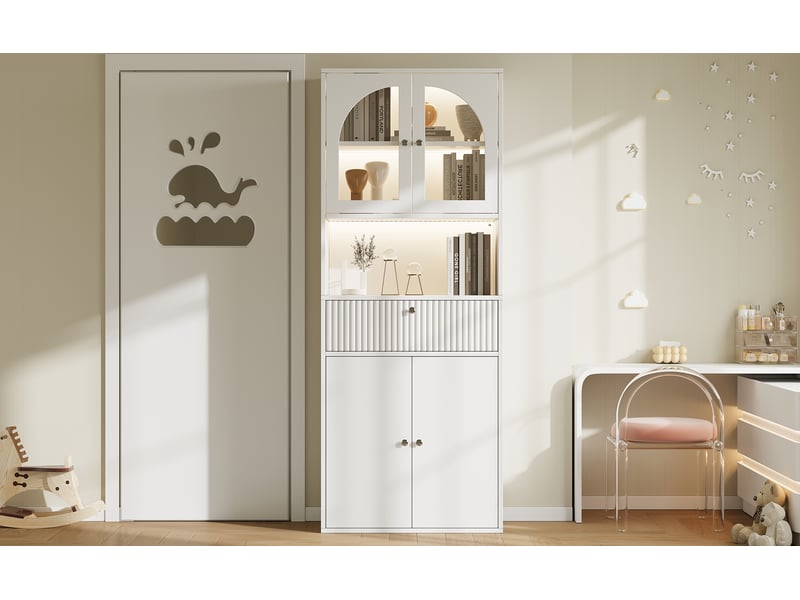  Vitrine led avec 4 portes vitrées et fermées, tiroir et niche ouverte, éclairage rgb, pour salon, blanc, 70 × 35 × 180 cm  - Conforama C