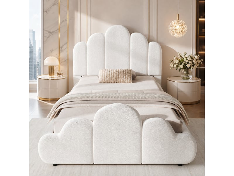  Lit enfant une place modenvie 90 x 200 cm avec tête de lit rembourrée, sommier inclus, bouclé beige  - Conforama B