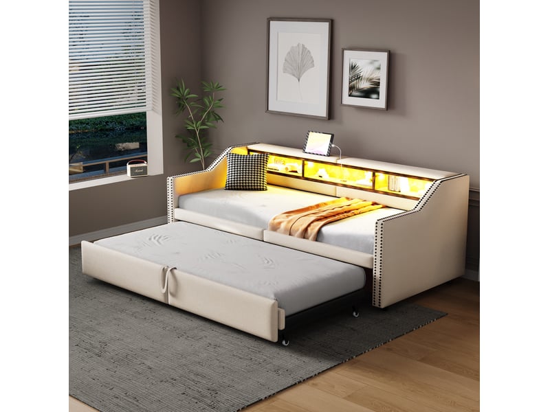  Canapé-lit extensible 90180 x 200 cm avec led, usb et rangements, beige  - Conforama D
