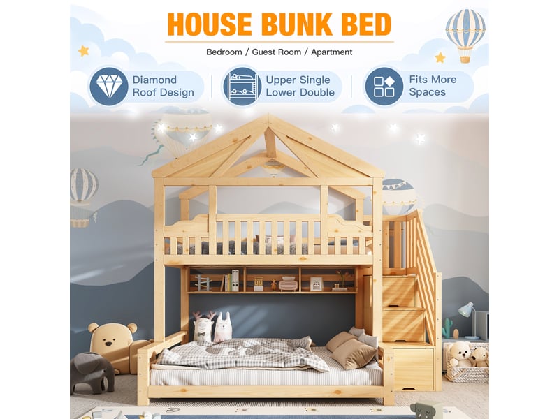  Lit superposé enfant maison 90x200 140x200 cm, structure bois avec toit diamant, escalier rangement, étagères et sommier, certifié en 747, naturel  - Conforama E