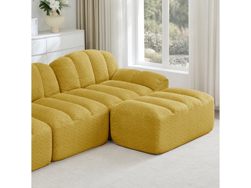  Canapé d’angle coquille 4 places avec pouf jaune – 366 x 165 x 79 cm Fay Lum - Conforama E