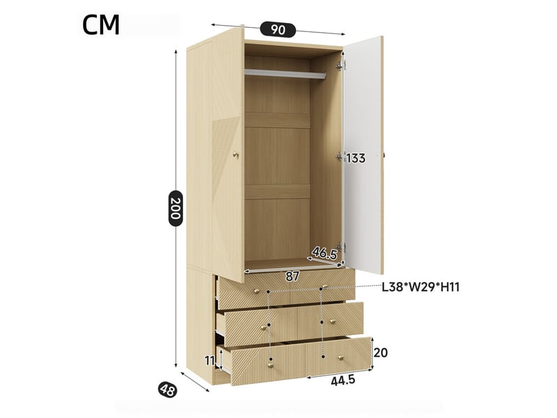  Armoire multifonction à portes battantes, 90 x 50 x 200 cm, 2 portes, 1 penderie et 6 tiroirs, style moderne, effet chêne  - Conforama C