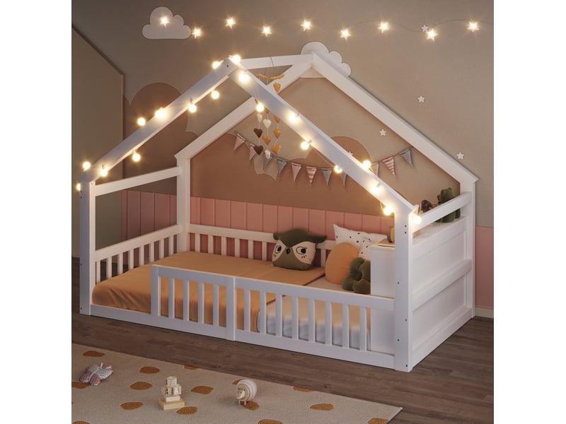 Lit cabane 90x190 cm blanc avec barrières, étagères et led - Conforama B