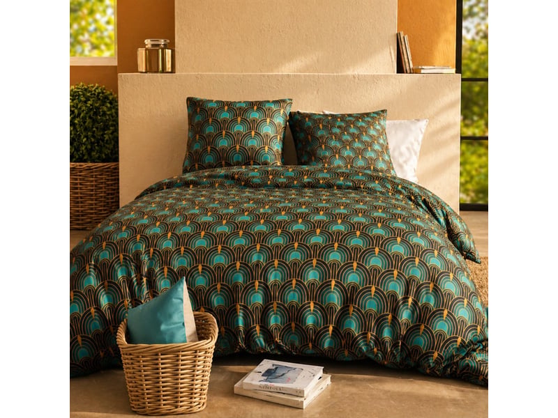  Parure housse de couette 240x220cm + 2 taies motif art-déco bleu pétrole 100% coton - romain ROMAIN - Conforama A
