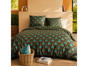 Parure housse de couette 240x220cm + 2 taies motif art-déco bleu pétrole 100% coton - romain