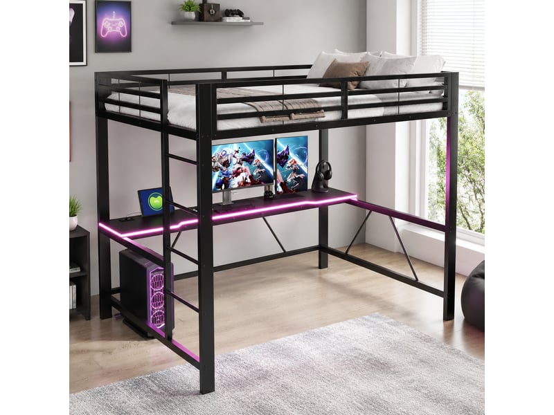 Lit mezzanine double 140×200 cm avec bureau, led et usb - sans matelas, métal et mdf noir - Conforama C