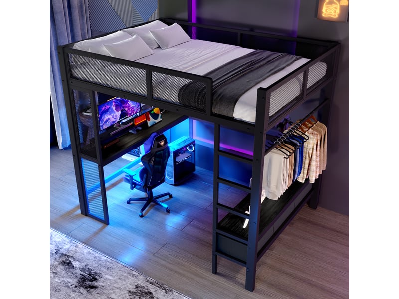  Lit mezzanine 140x200 cm coloris noir led métal lit enfant noir - Conforama E