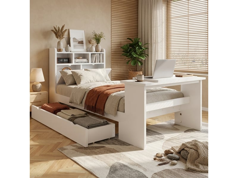  Lit simple enfant 90×200 cm avec tiroir, étagères et table rabattable - okmyhome- blanc, sans matelas  - Conforama C