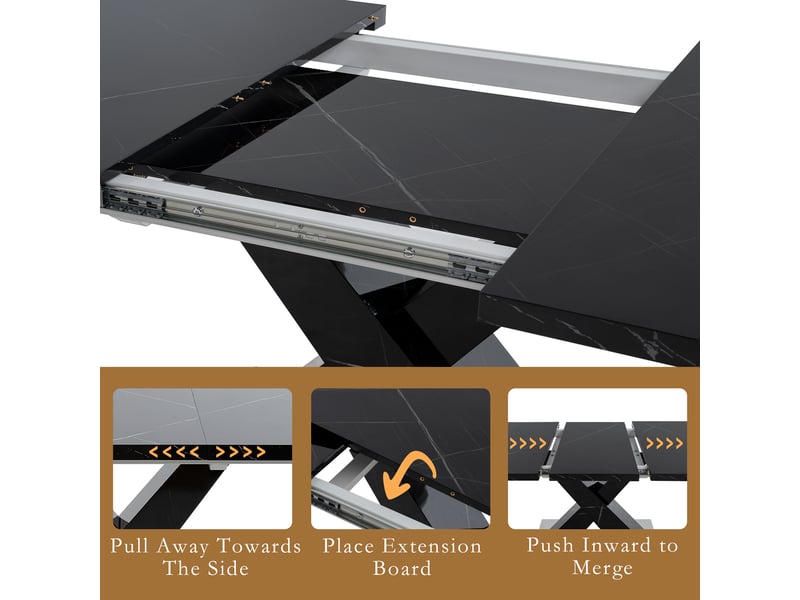  Table à manger extensible 120-160 x 80 cm, plateau mdf effet marbre noir, piètement en x avec base métal, table rectangulaire moderne  - Conforama D