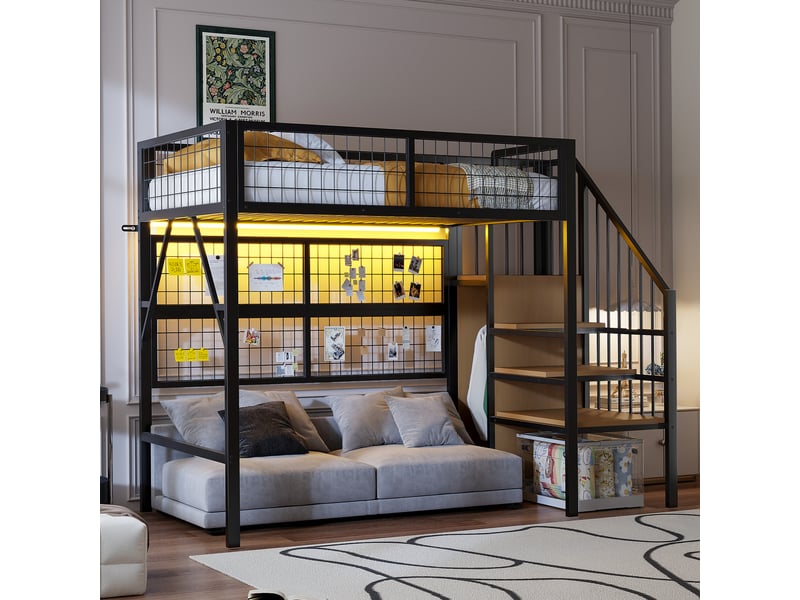 Lit mezzanine 90 x 200 cm, escalier, penderie ouverte, éclairage led intégré, commande par application, pour aménager la chambre, métal, noir ABC - Conforama D