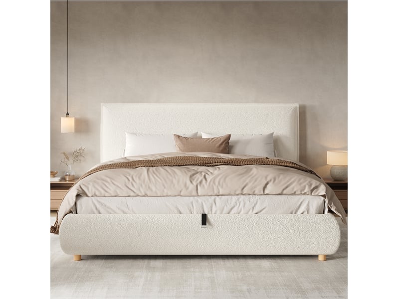  Lit double coffre 180x200 cm, pieds en bois, tête de lit, sommier inclus, lit adulte, tissu bouclé, blanc, sans matelas  - Conforama E