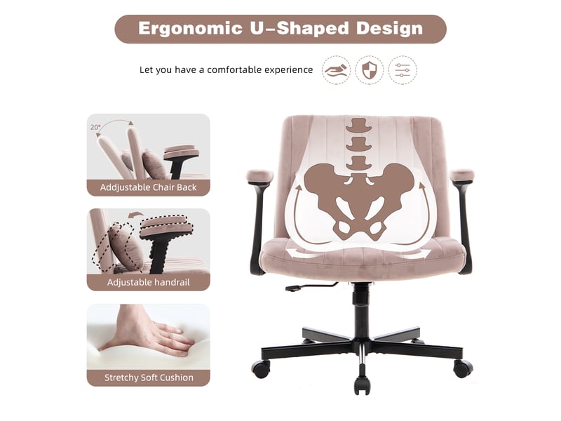  Chaise de bureau pivotante réglable avec accoudoirs rabattables et roulettes silencieuses - lpospi - velours rose  - Conforama E