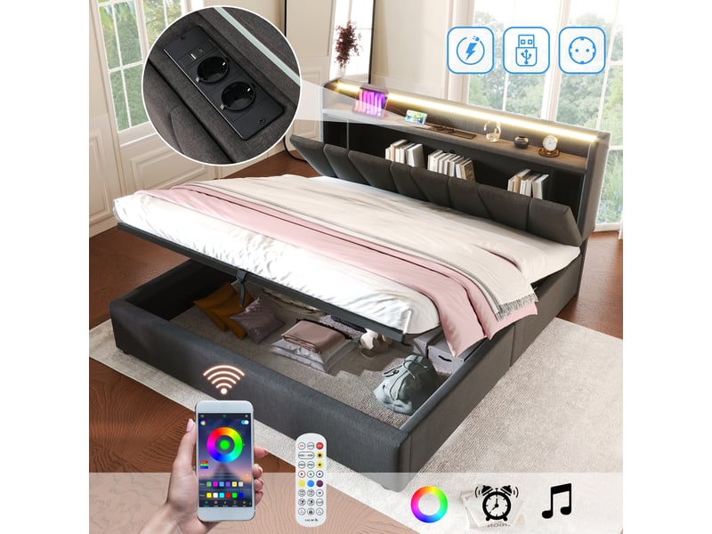  Lit double rembourré 160 x 200 cm avec fonction de recharge usb, tête de lit escamotable et éclairage led, gris, avec matelas  - Conforama R