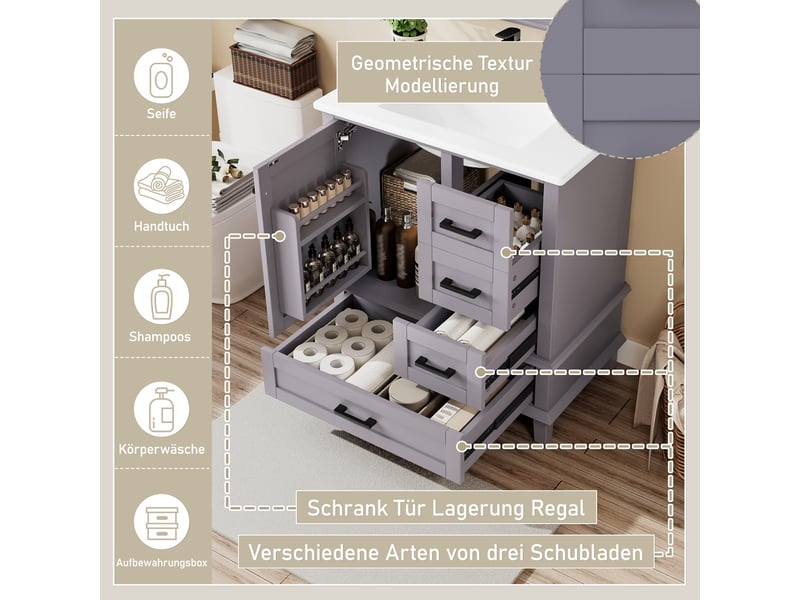 Meuble vasque sur pied gris, 76 x 46 x 83,5 cm, en mdf et céramique, avec 3 tiroirs à coulisses silencieuses - Conforama E