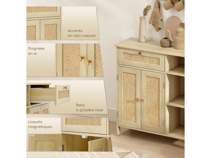  Buffet, meuble de rangement, 2 portes en rotin, tiroir, niches ouvertes, 75x30x79,5cm, étagères réglables, bois naturel  - Conforama R