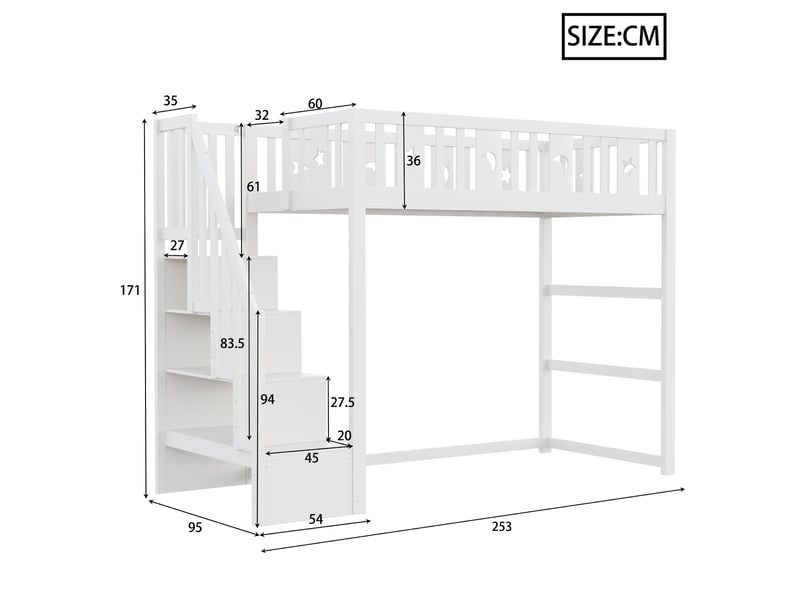  Lit mezzanine enfant 90x200 cm, bois, escalier, motifs lune et étoile, garde-corps, coloris blanc, sans matelas  - Conforama C