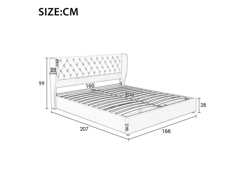  Lit coffre rembourré 160 x 200 cm en velours beige, tête de lit à oreilles capitonnée, sommier à lattes 3068034AAC - Conforama C