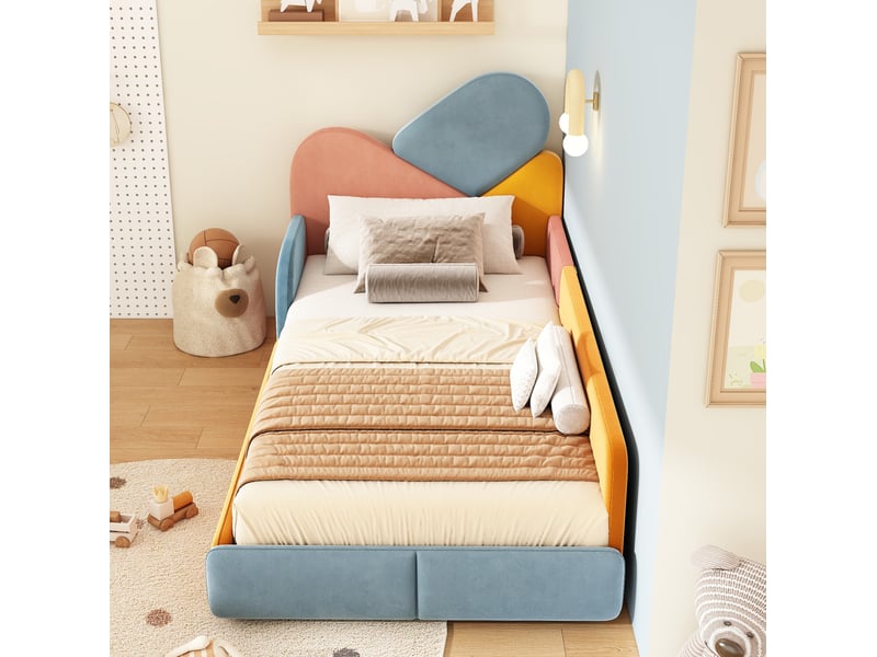  Lit simple 90x200 cm, tête rembourrée, protection latérale surélevée anti-chute, bois, multicolore, sans matelas  - Conforama D