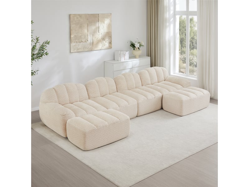  Canapé d’angle modulaire 4 places avec ottoman et assise profonde, en tissu beige blanc  - Conforama B