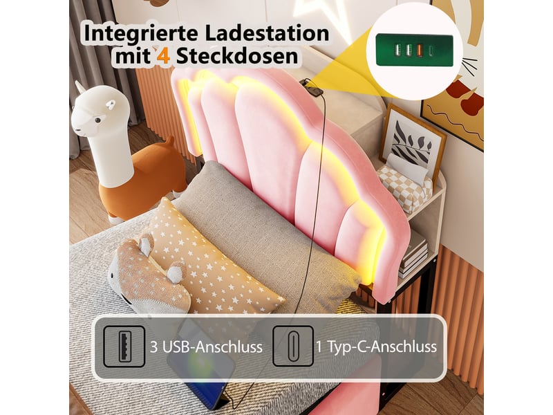  Lit coffre 90x200 cm - lit 1 place avec rangement hydraulique, tête de lit avec rangements, led et prises - velours - rose  - Conforama D
