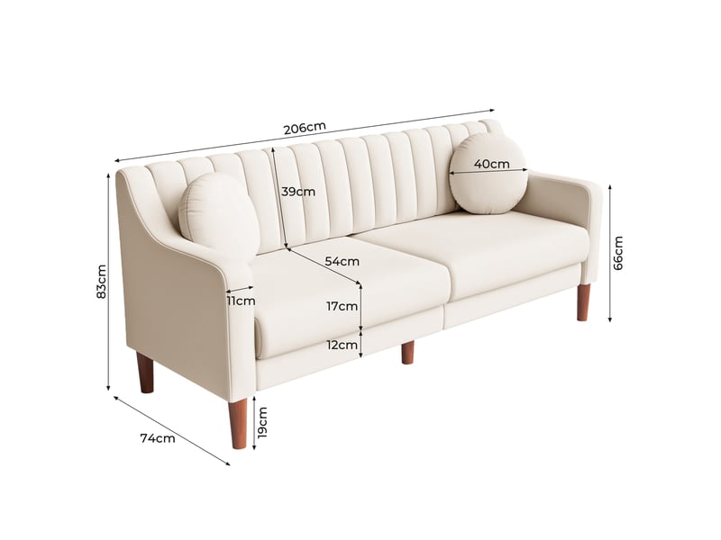 Grand canapé 3 places en velours avec 2 oreillers,pieds bois massif,canapé scandinave moderne pour salon bureau, 206x74x83cm, beige 206x74x83cm - Conforama C