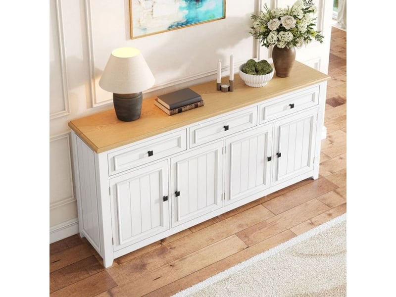 Buffet moderne, minimaliste moderne, 160x35x76 cm, 4 portes et 3 tiroirs, finition grain de bois, grand espace de rangement, buffet blanc sell-17897142677931 - Conforama D