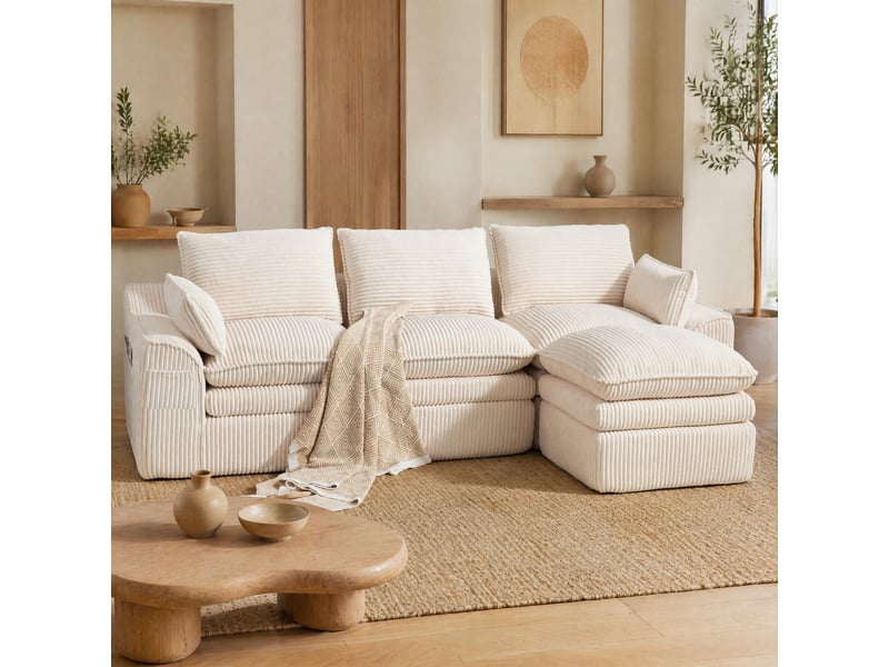  Canapé 3 places modulaire en velours côtelé beige avec pouf et coussins  - Conforama C